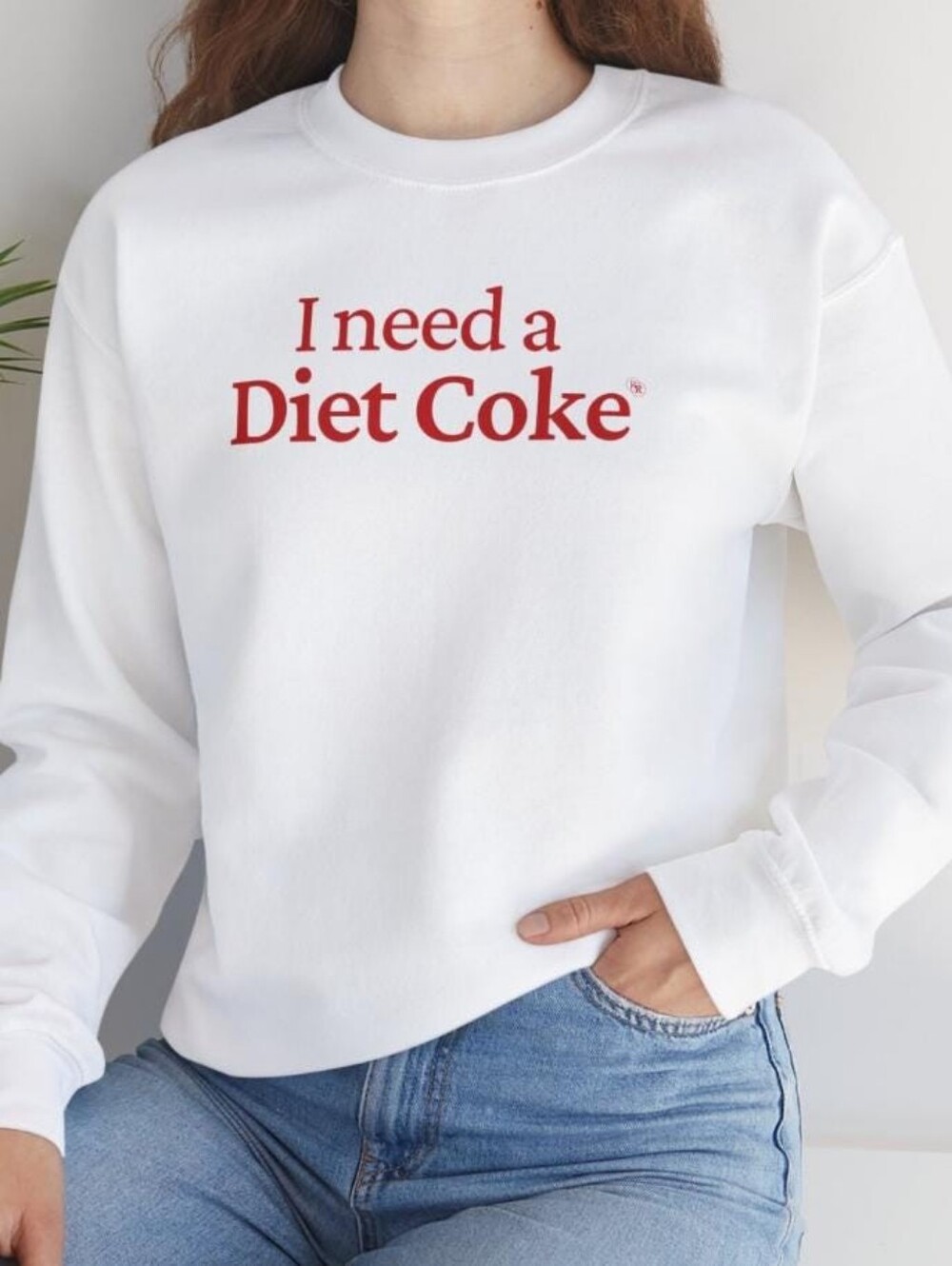 White Crewneck Sweatshirt with Red "I need a Diet Coke" Graphic Sz 2XL